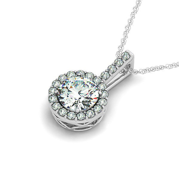 14k white gold diamond halo pendant necklace featuring a round design, exuding elegance and timeless luxury.