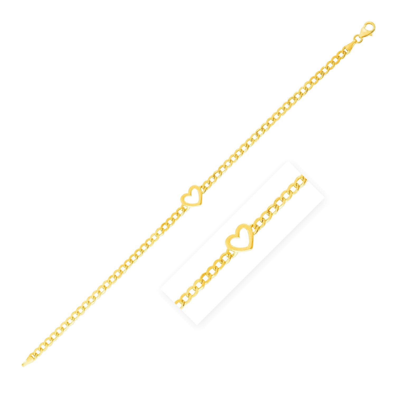 14k yellow gold 7-inch curb chain bracelet featuring a modern heart design, perfect for elegant layering.