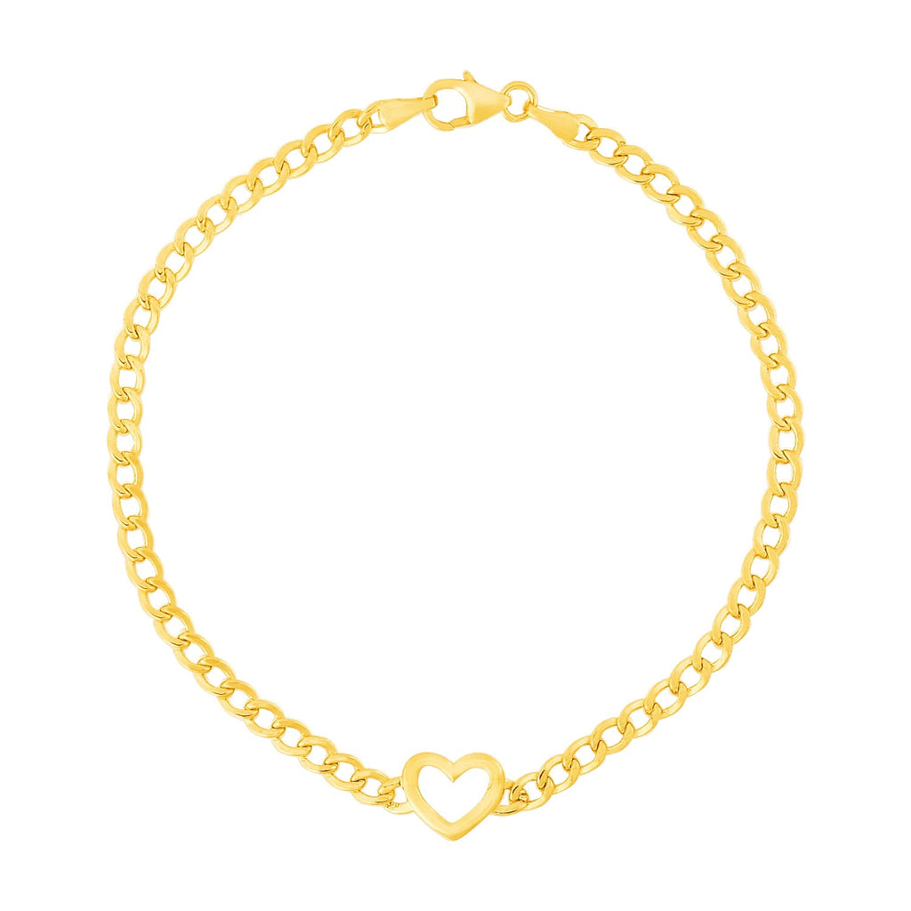14k yellow gold curb chain bracelet with heart detail, modern design, 3.40 mm width, 7 inches long.
