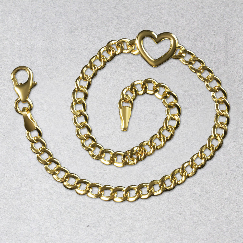 14k yellow gold 7-inch curb chain bracelet featuring a modern heart design, perfect for elegant everyday wear.