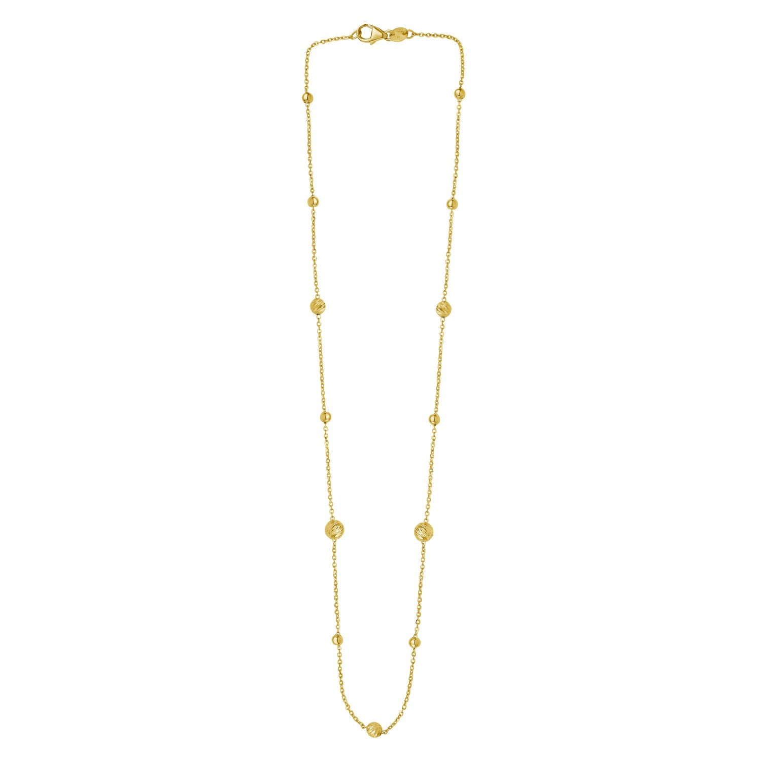 Elegant 14k yellow gold alternating bead chain necklace adorned with sparkling diamonds, showcasing refined luxury.