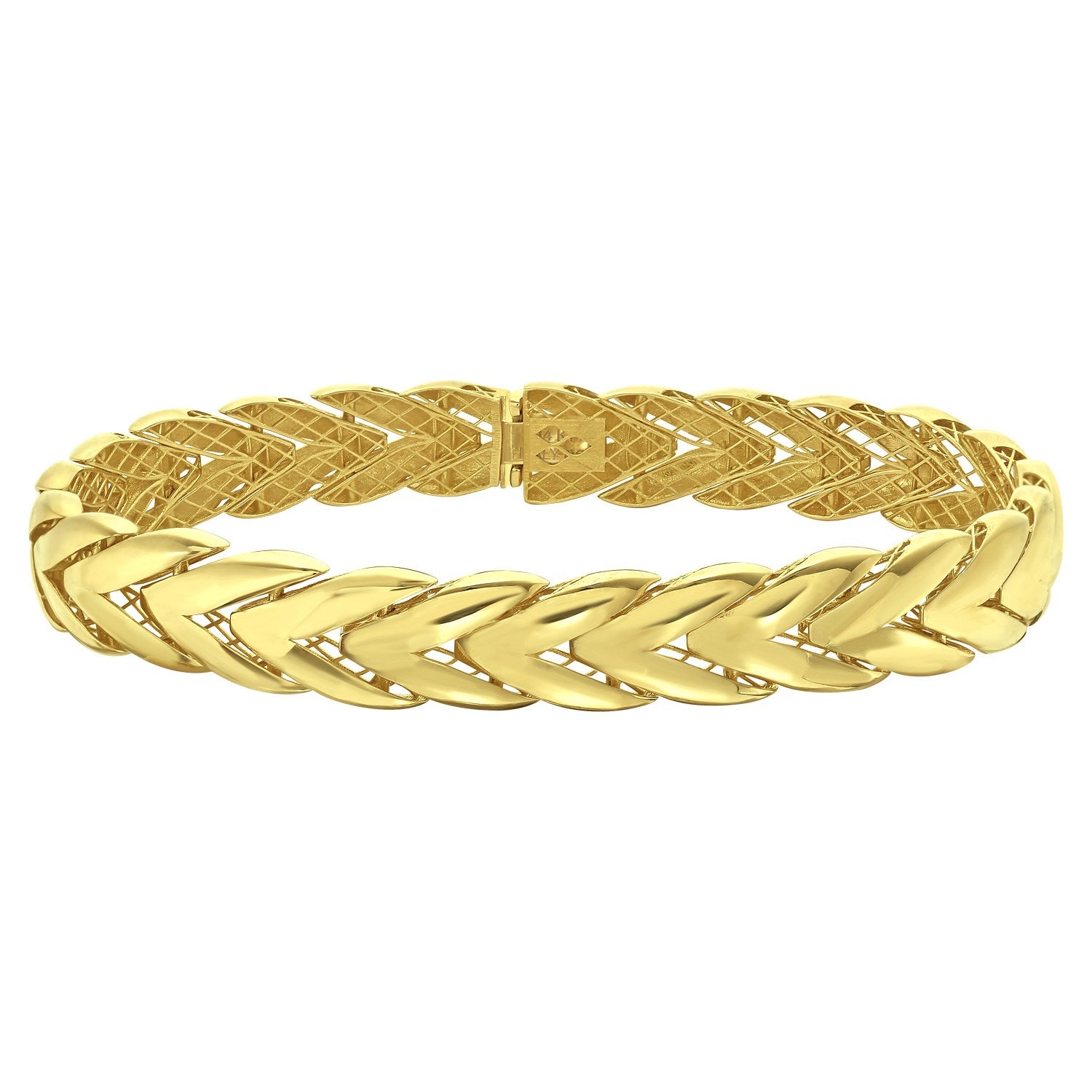 14k yellow gold chevron link bangle with modern design, showcasing elegance and sophistication in every detail.