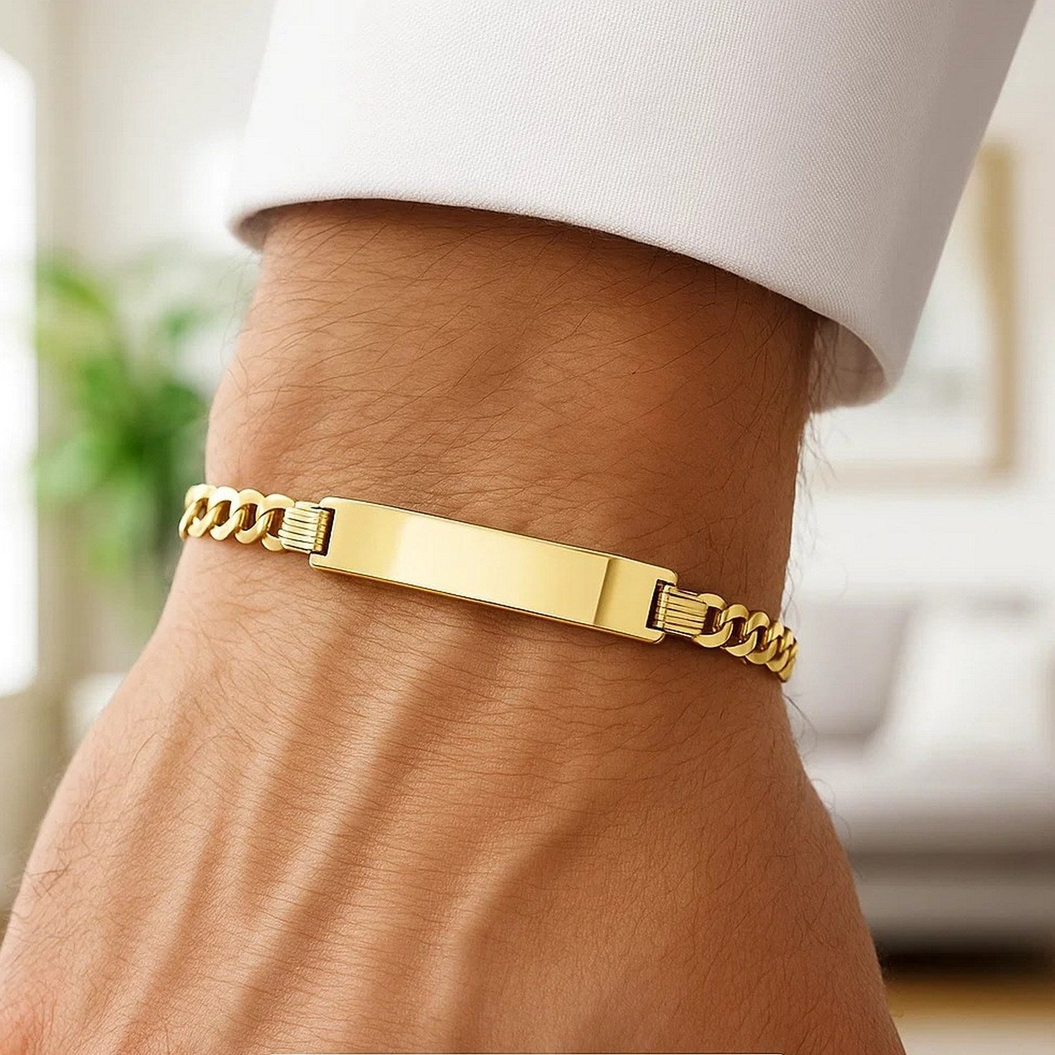 14k yellow gold curb ID bracelet featuring a modern chain design, perfect for elegant everyday wear.