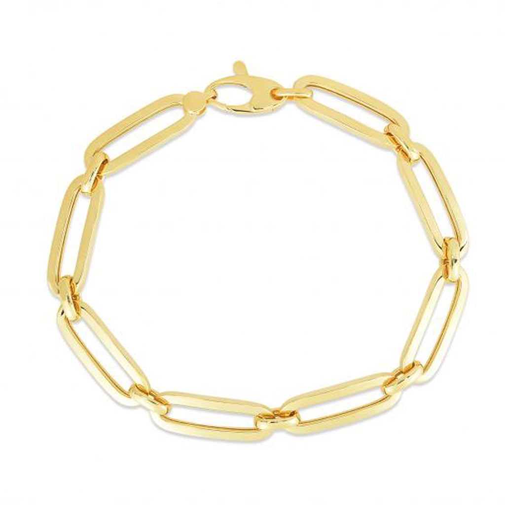 14k yellow gold Bombay paperclip chain bracelet, modern design with sleek links, 7.5 inches long.