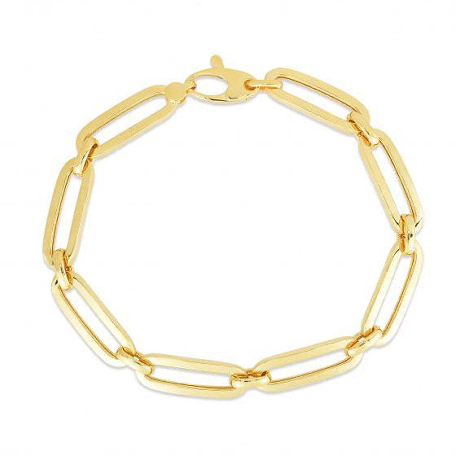 14k yellow gold Bombay paperclip chain bracelet, modern design with sleek links, 7.5 inches long.