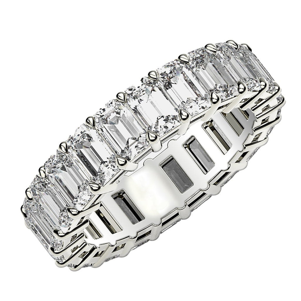 Emerald cut lab-grown diamond eternity ring in 14k white gold, featuring a modern design with 4 cttw FG/VS2 diamonds.