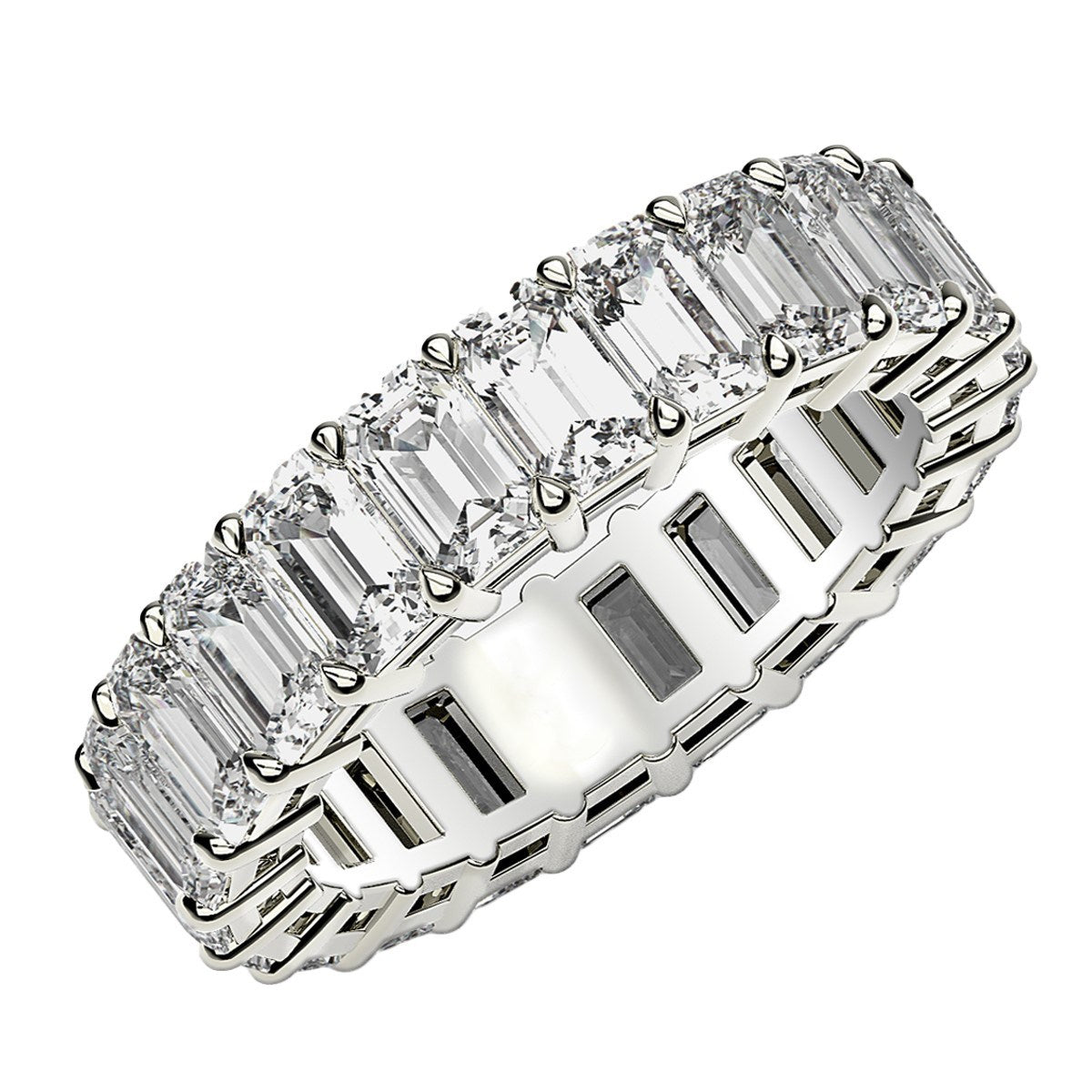 Emerald cut lab-grown diamond eternity ring in 14k white gold, featuring a modern design with 4 cttw FG/VS2 diamonds.