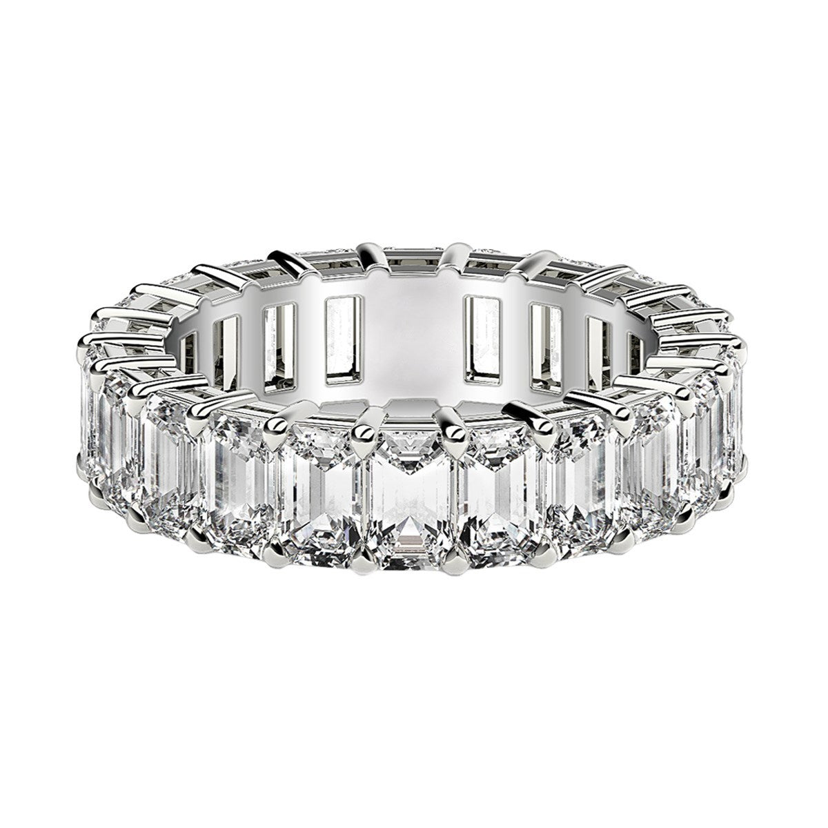 Emerald cut lab-grown diamond eternity ring in 14k white gold, showcasing modern elegance and timeless luxury.