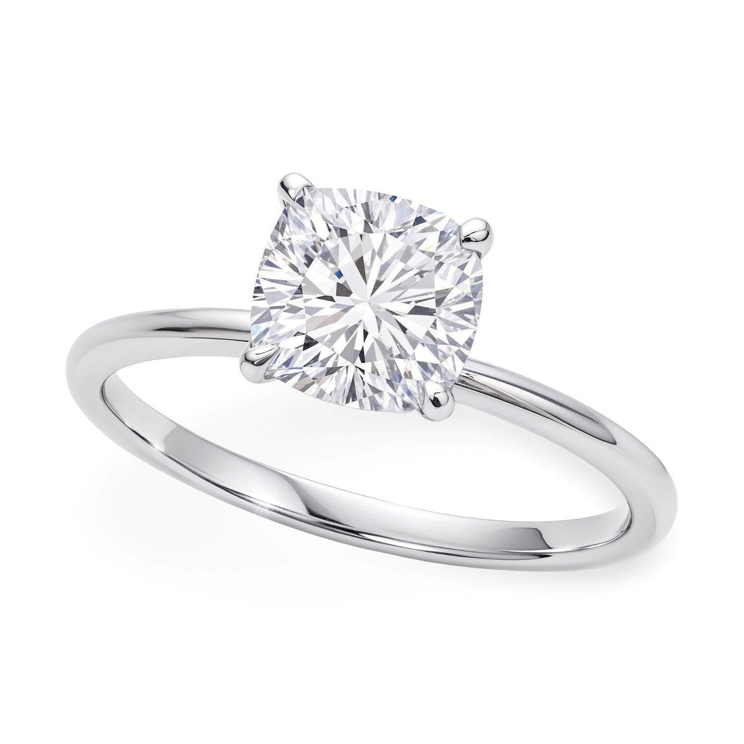 2 carat cushion cut lab-grown diamond solitaire ring in 10K white gold, embodying timeless elegance and luxury.