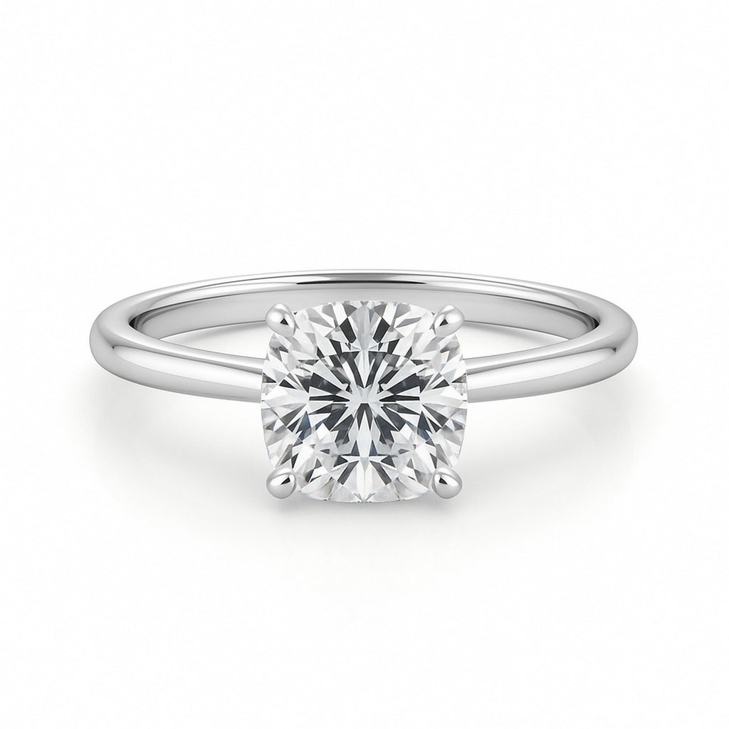 2 carat cushion cut lab-grown diamond solitaire ring in 10K white gold, showcasing timeless elegance and classic design.