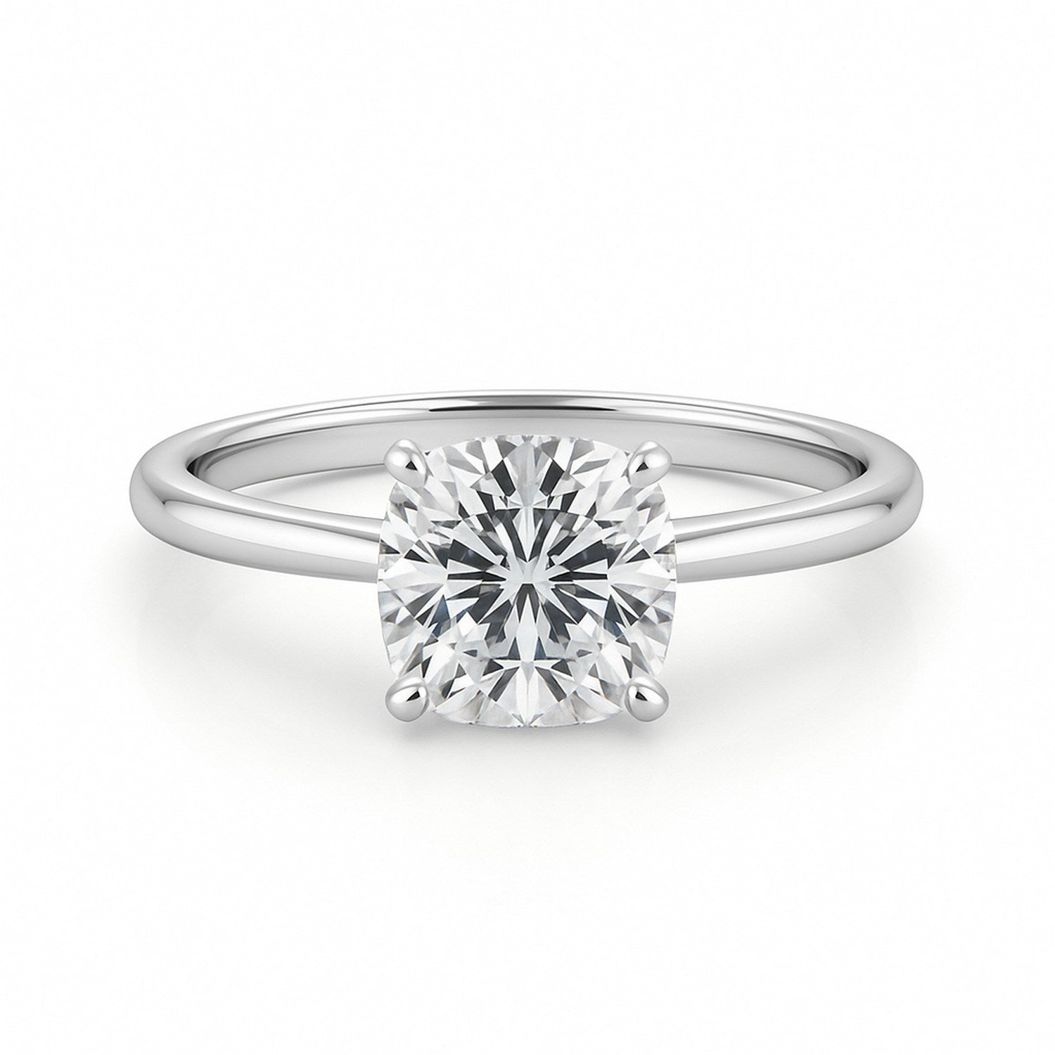 2 carat cushion cut lab-grown diamond solitaire ring in 10K white gold, showcasing timeless elegance and classic design.