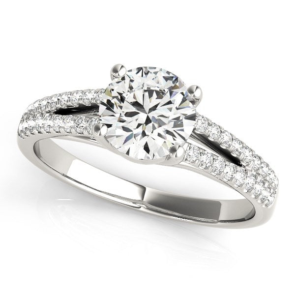 14k white gold split shank engagement ring featuring a stunning round diamond, elegantly designed for timeless romance.