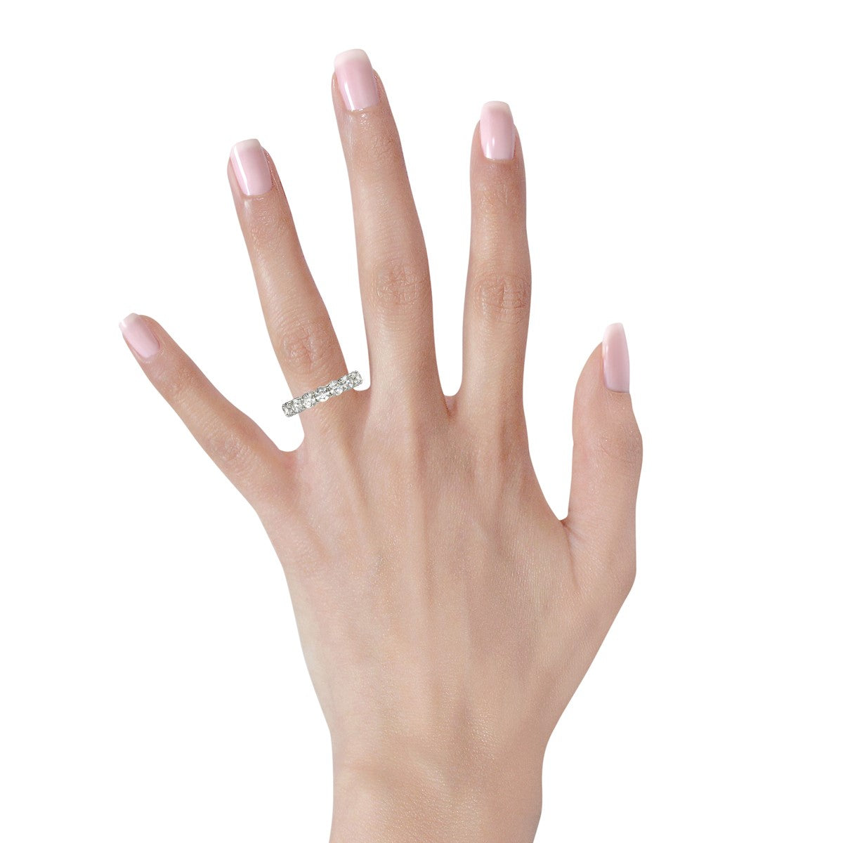 Round cut lab-grown diamond eternity ring in 14k white gold, showcasing modern elegance and timeless brilliance.