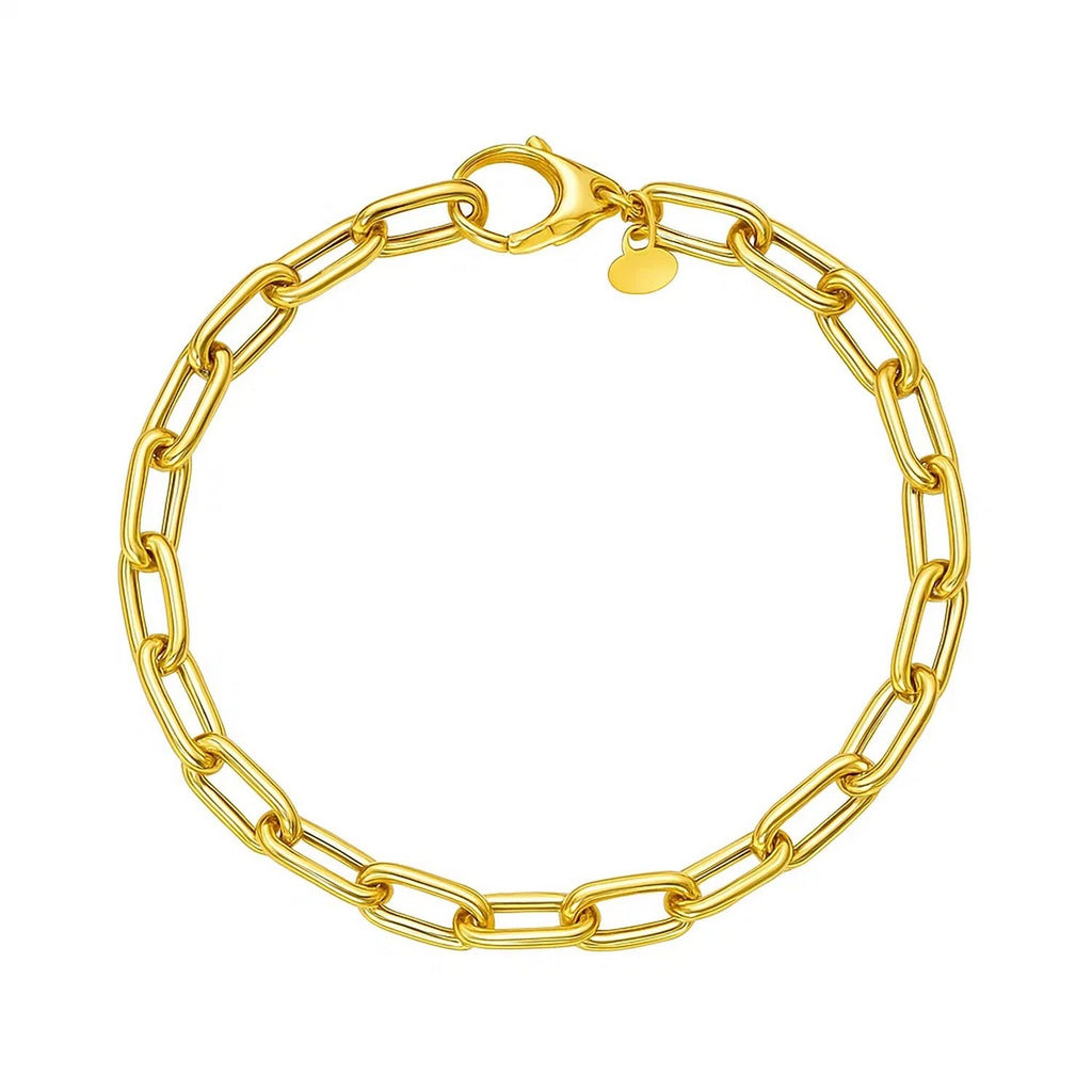 14k yellow gold charm lock paperclip chain bracelet with a modern design, perfect for layering or standalone elegance.