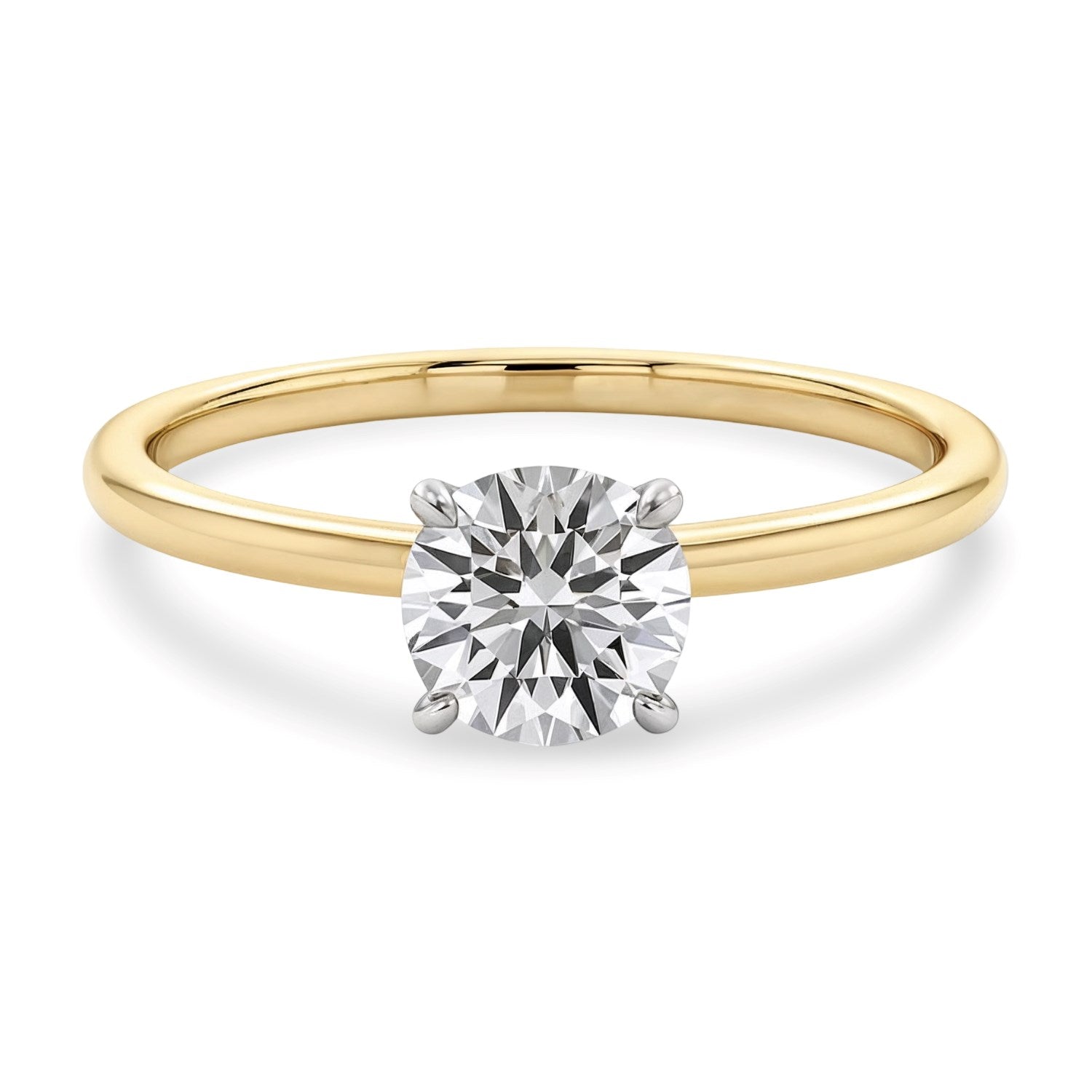 Elegant 14k yellow gold solitaire ring featuring a 3/4 carat round lab-grown diamond, showcasing timeless luxury.