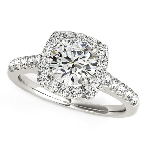 Square halo diamond engagement ring in 14k white gold, featuring a modern design with a stunning round center stone.