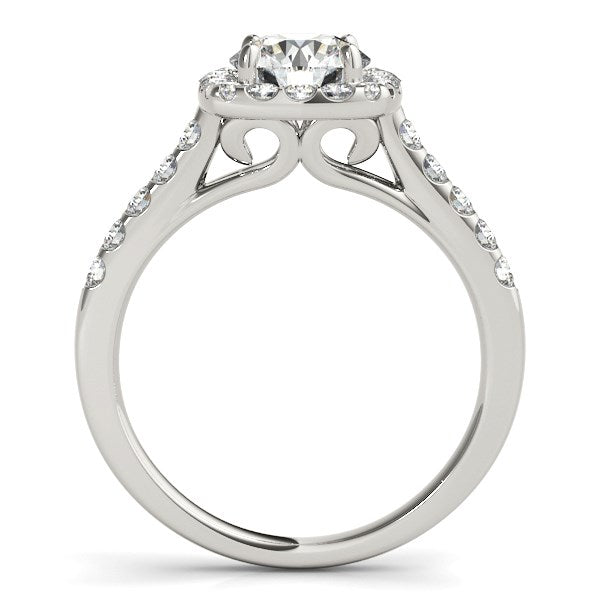 Square halo diamond engagement ring in 14k white gold, featuring a modern design and round brilliant stones.