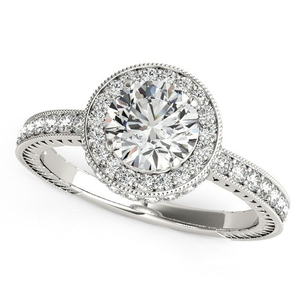 14k white gold vintage engagement ring featuring a milgrain border and dazzling diamond pave, 1 1/2 cttw.