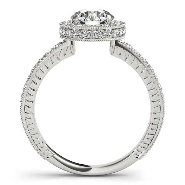 14k white gold vintage engagement ring featuring a milgrain border and diamond pave, showcasing 1 1/2 cttw brilliance.