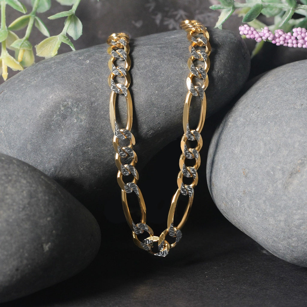 14k yellow gold solid pave Figaro chain, 7.00 mm links, showcasing contemporary elegance and luxurious craftsmanship.