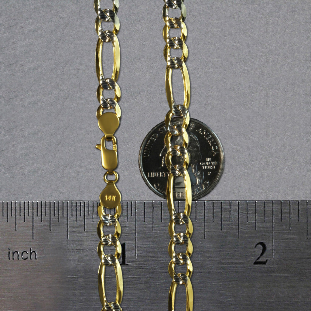 14k yellow gold solid pave Figaro chain, 7.00 mm links, contemporary design for elegant layering or standalone wear.