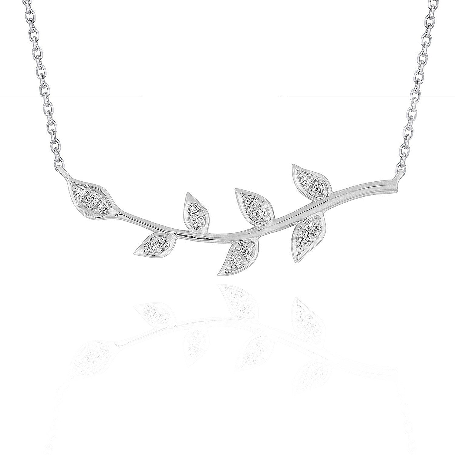 Elegant diamond vine design pendant in 14k white gold with delicate chain and stud detail.