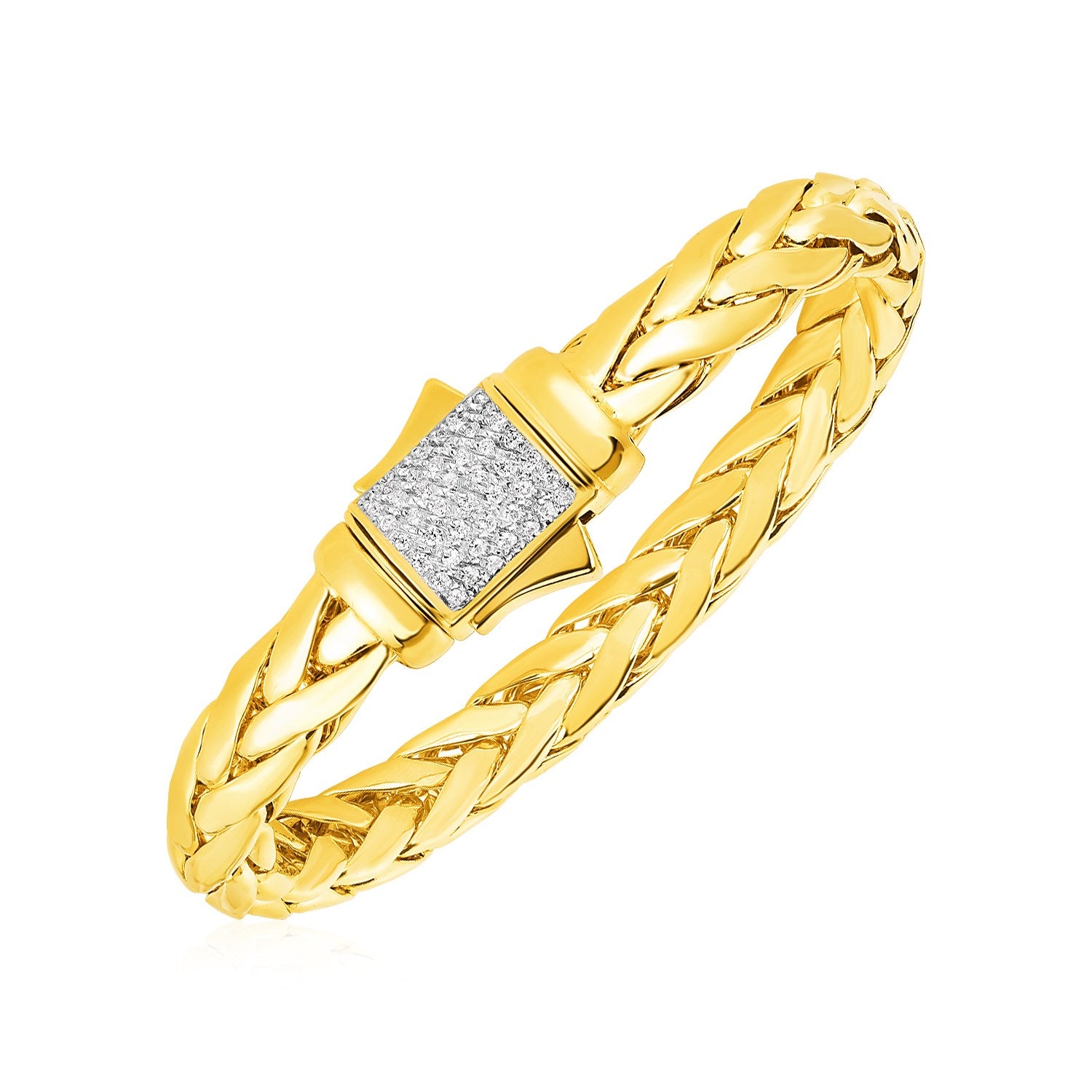 Woven 14k yellow gold rope bracelet featuring a diamond-accented clasp, embodying contemporary luxury elegance.