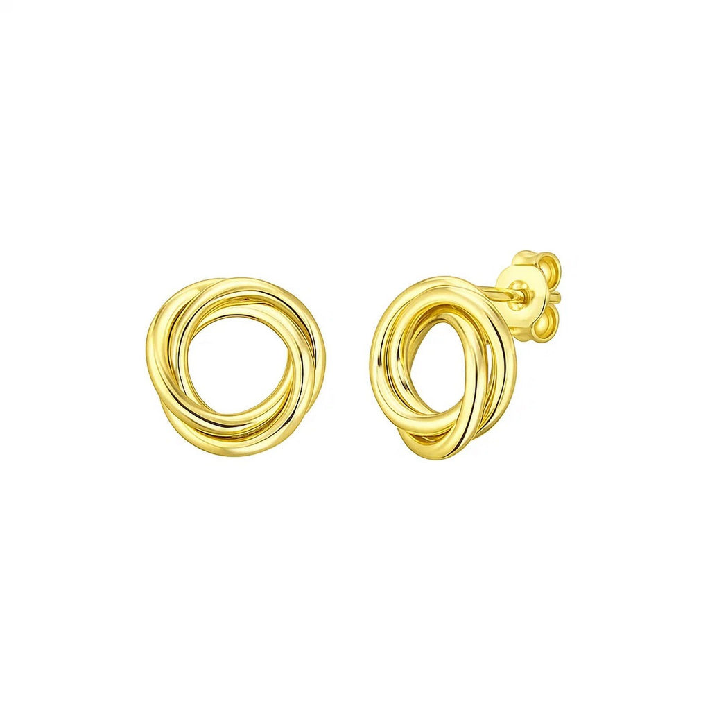 14k yellow gold polished interlocking trinity stud earrings with a modern design, perfect for elegant occasions.
