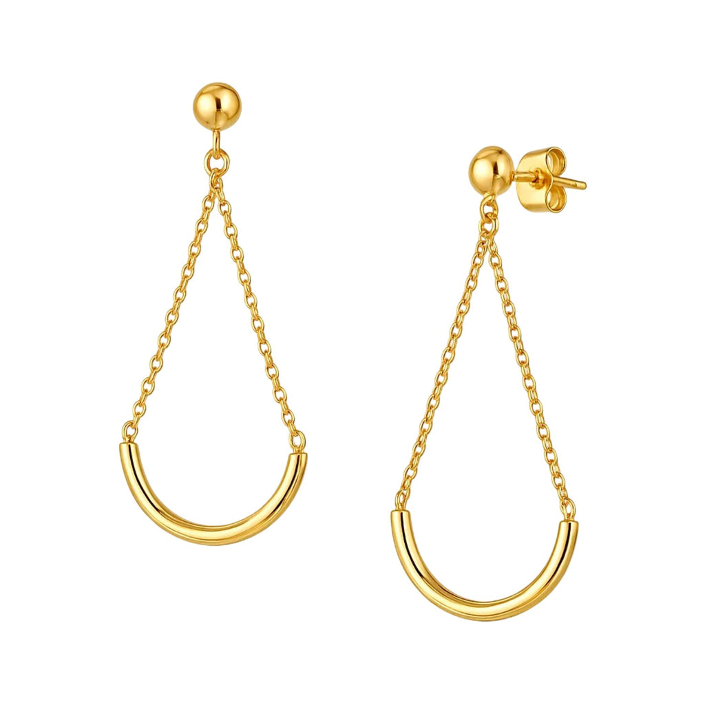 14k yellow gold modern curved chain drop earrings, elegantly designed for a luxurious statement.