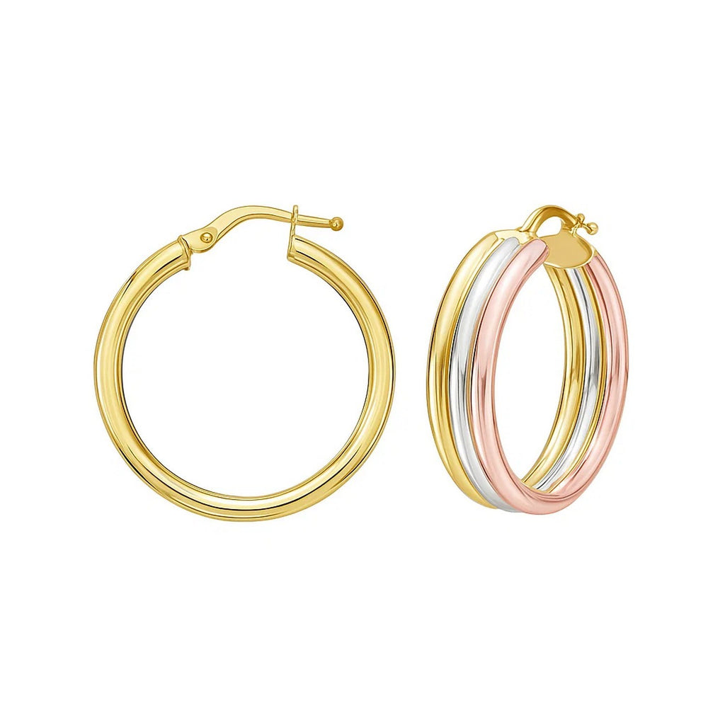 14K tri-color gold polished tube hoop earrings, elegantly designed for a luxurious touch to any outfit.