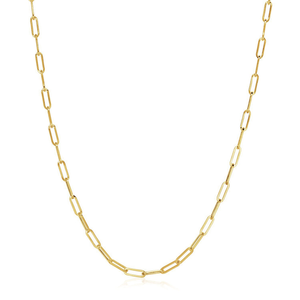 14K yellow gold wide paperclip chain, modern design with elegant links, perfect for layering or standalone wear.