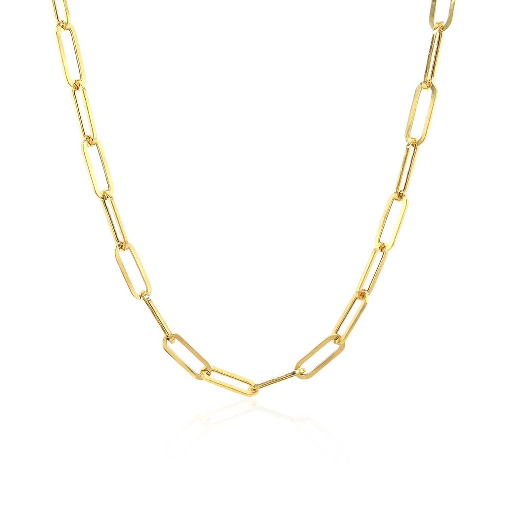 14k yellow gold wide paperclip chain featuring modern links, perfect for layering or as a statement piece.