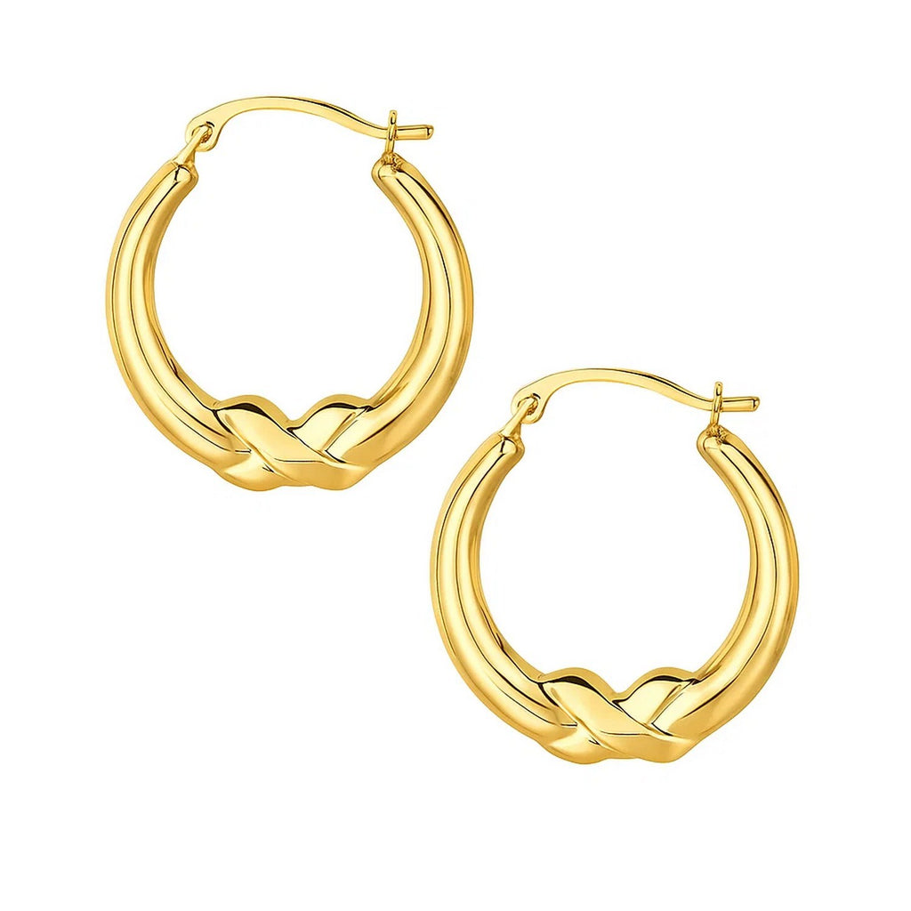 14k yellow gold modern round hoop earrings featuring a sleek X motif for a chic, sophisticated look.