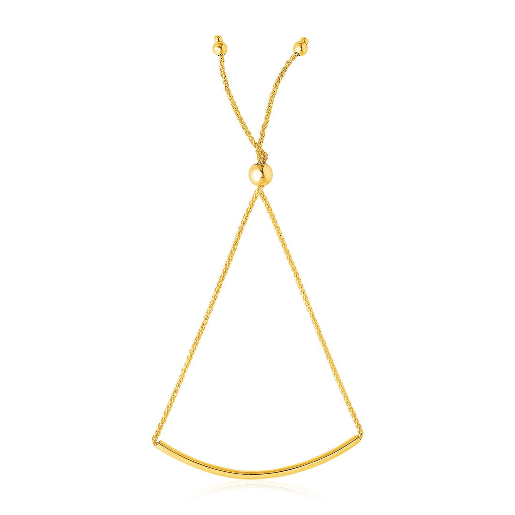 14k yellow gold smooth curved bar lariat bracelet with elegant chain design, perfect for modern luxury styling.