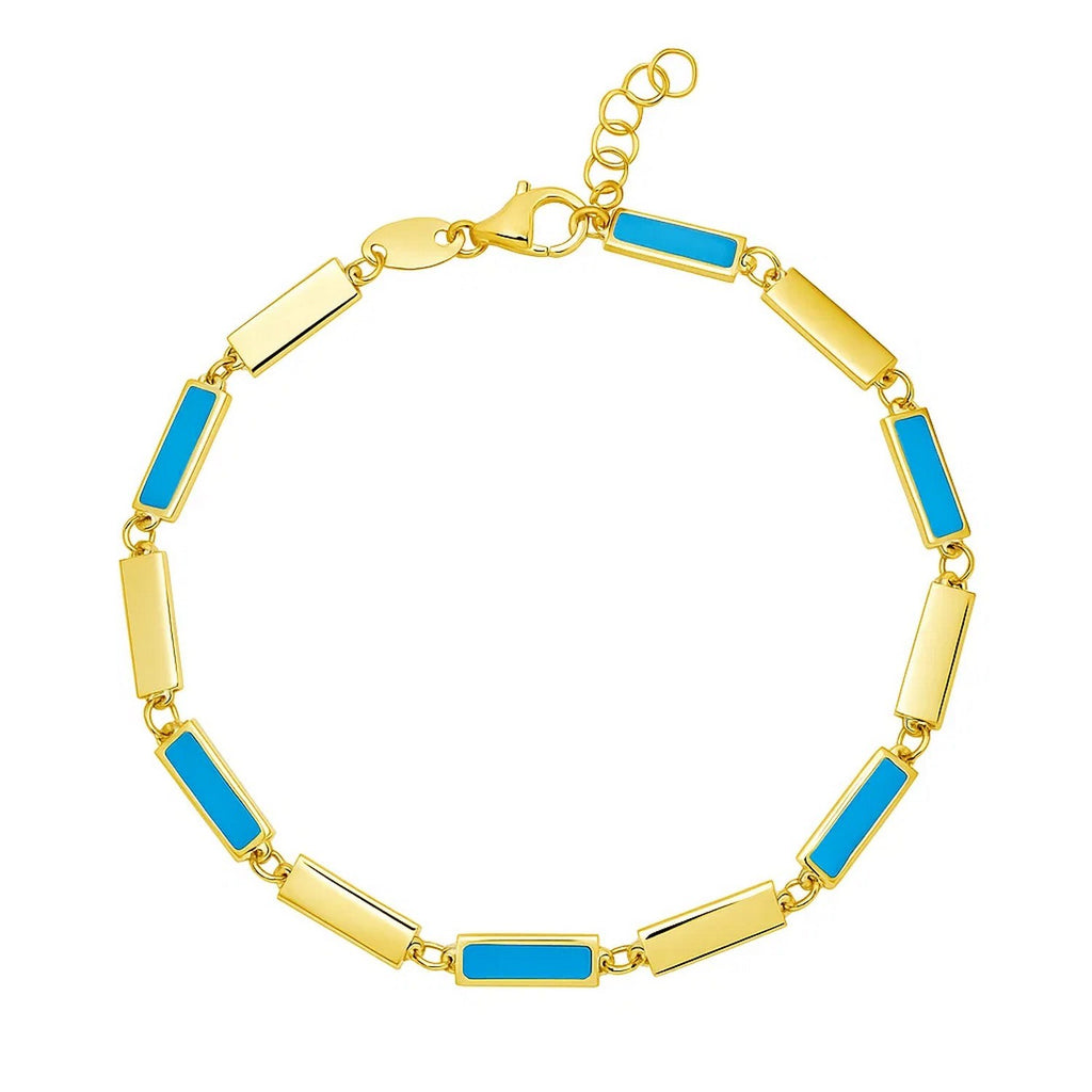 14k yellow gold bracelet featuring elegant turquoise rectangle links and sparkling diamond accents.
