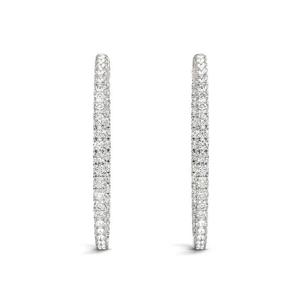 14k white gold diamond hoop drop earrings featuring a shared prong setting for timeless elegance and sophistication.
