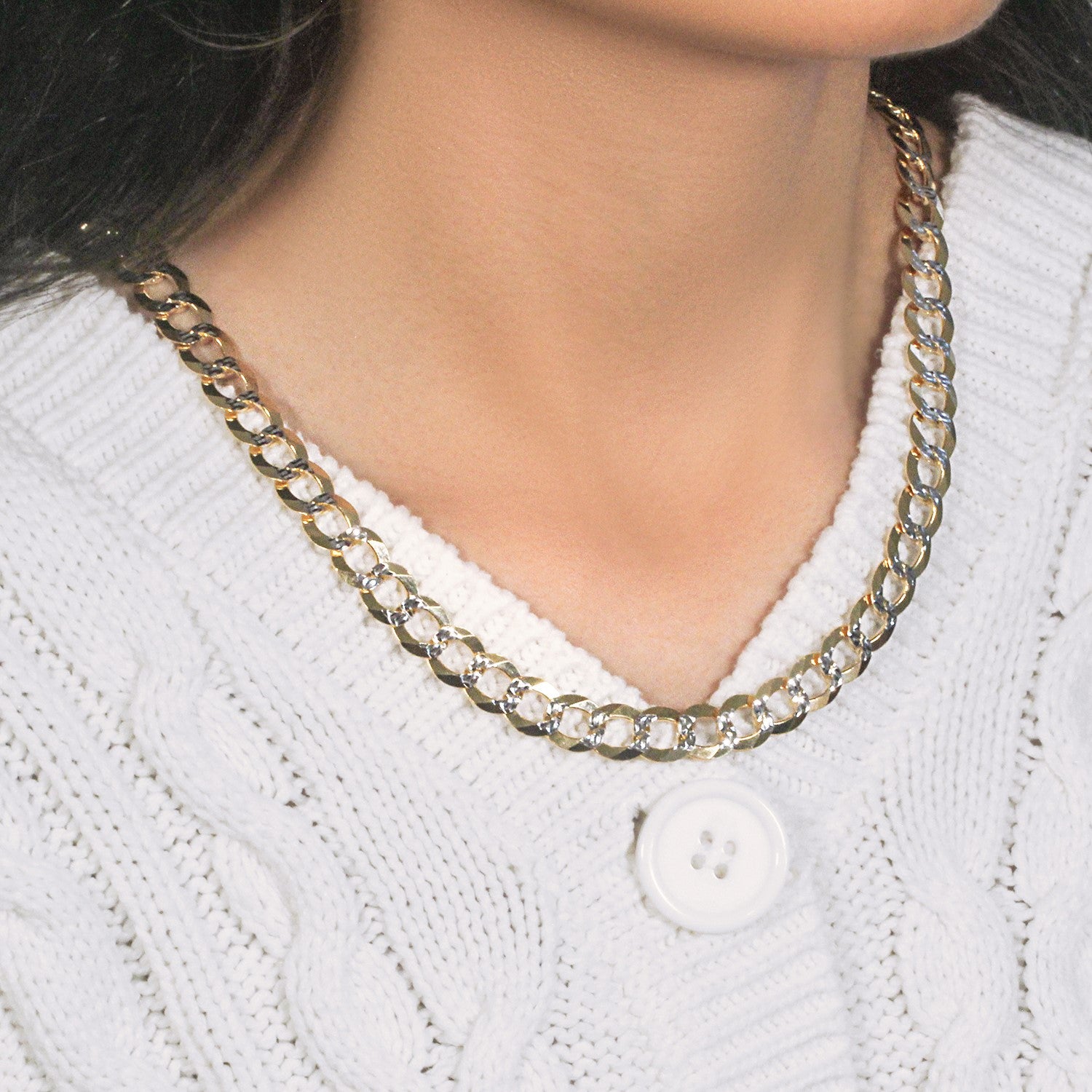 14k two-tone gold pave curb chain with classic design and luxurious round links, perfect for elegant layering.