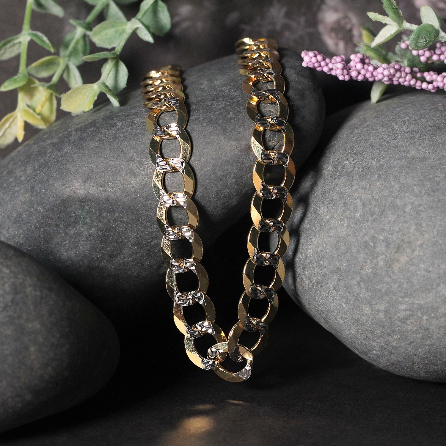 14k two-tone gold pave curb chain with classic round links, showcasing timeless elegance and luxurious craftsmanship.