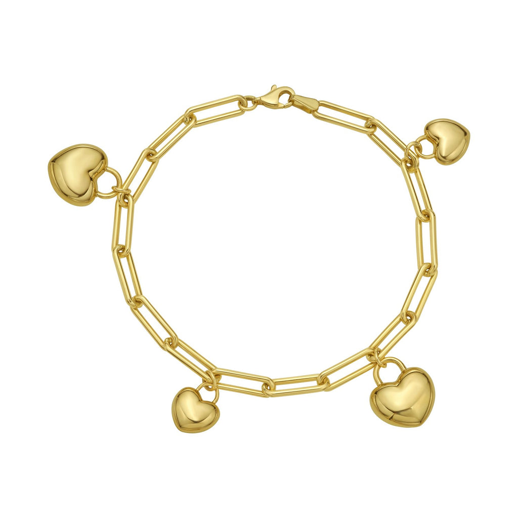 14k yellow gold puffed heart charm bracelet with elegant chain design, perfect for adding a touch of luxury to any outfit