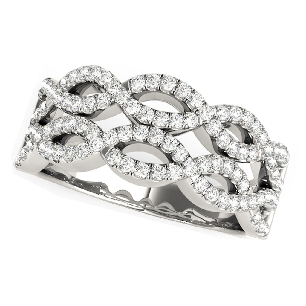Diamond studded double interlocking waves ring in 14k white gold, modern design with 5/8 cttw sparkling diamonds.