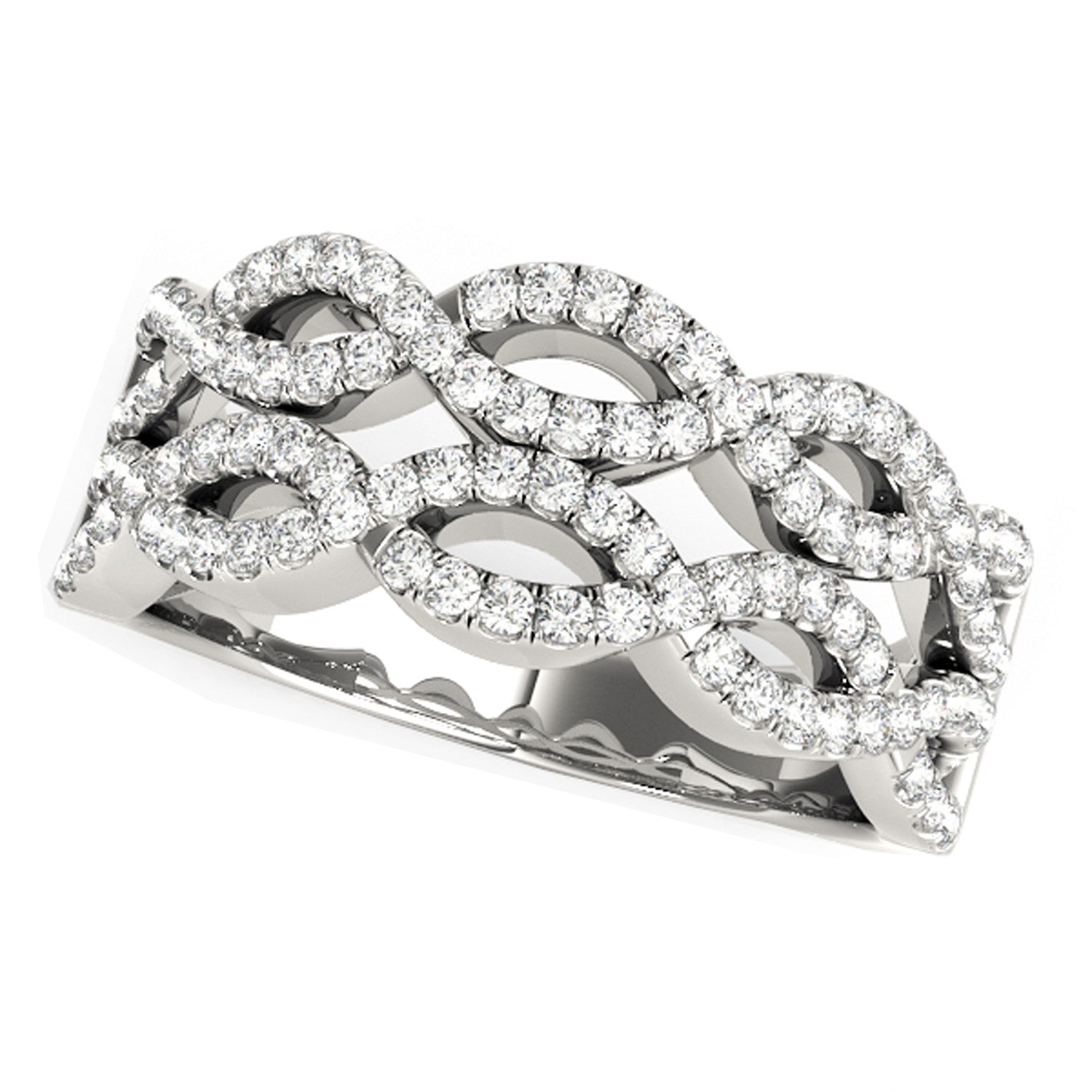 Diamond studded double interlocking waves ring in 14k white gold, modern design with 5/8 cttw sparkling diamonds.