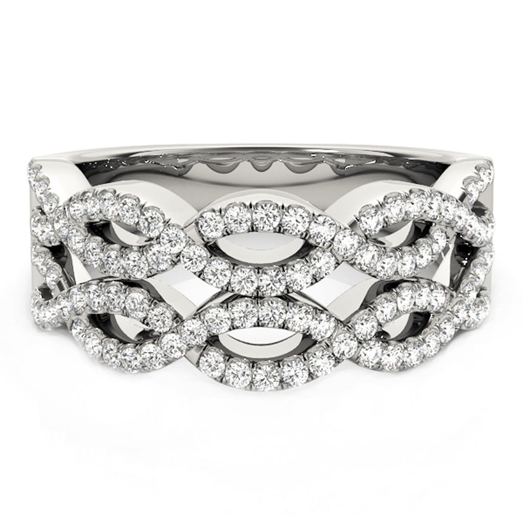 Diamond studded double interlocking waves ring in 14k white gold, modern design with 5/8 cttw brilliance.