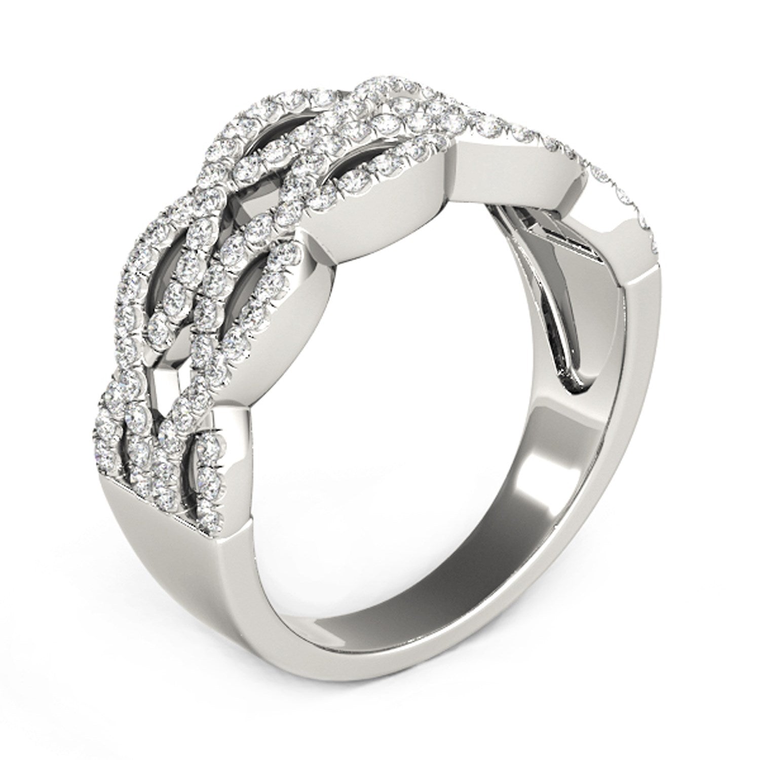 Diamond studded double interlocking waves ring in 14k white gold, showcasing modern elegance and 5/8 cttw brilliance.
