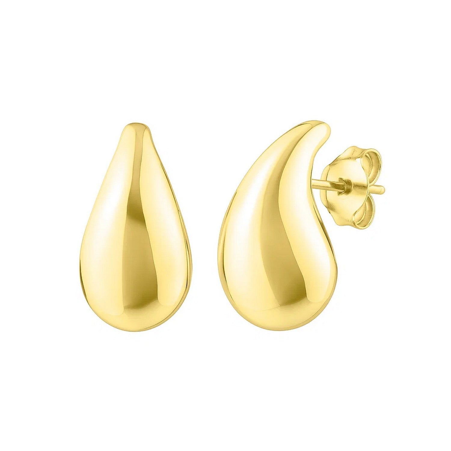 14K yellow gold small raindrop stud earrings with a modern design, perfect for elegant everyday wear.