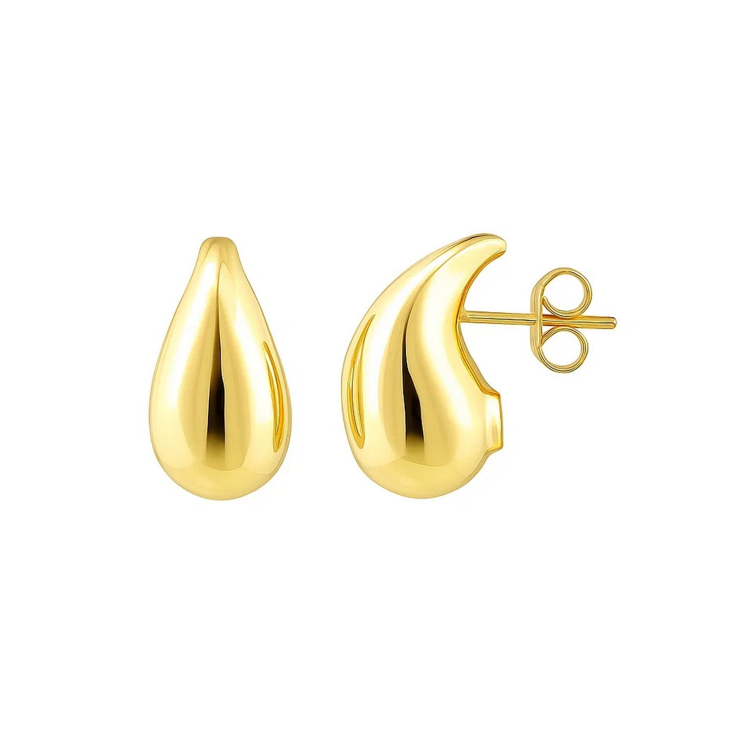 14k yellow gold small raindrop stud earrings with a modern design, perfect for elegant everyday wear.