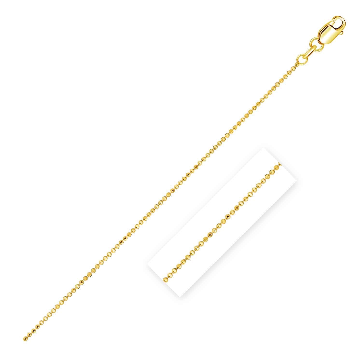 14k yellow gold diamond cut bead chain, contemporary design, 0.90 mm thickness, perfect for layering or standalone elegance.