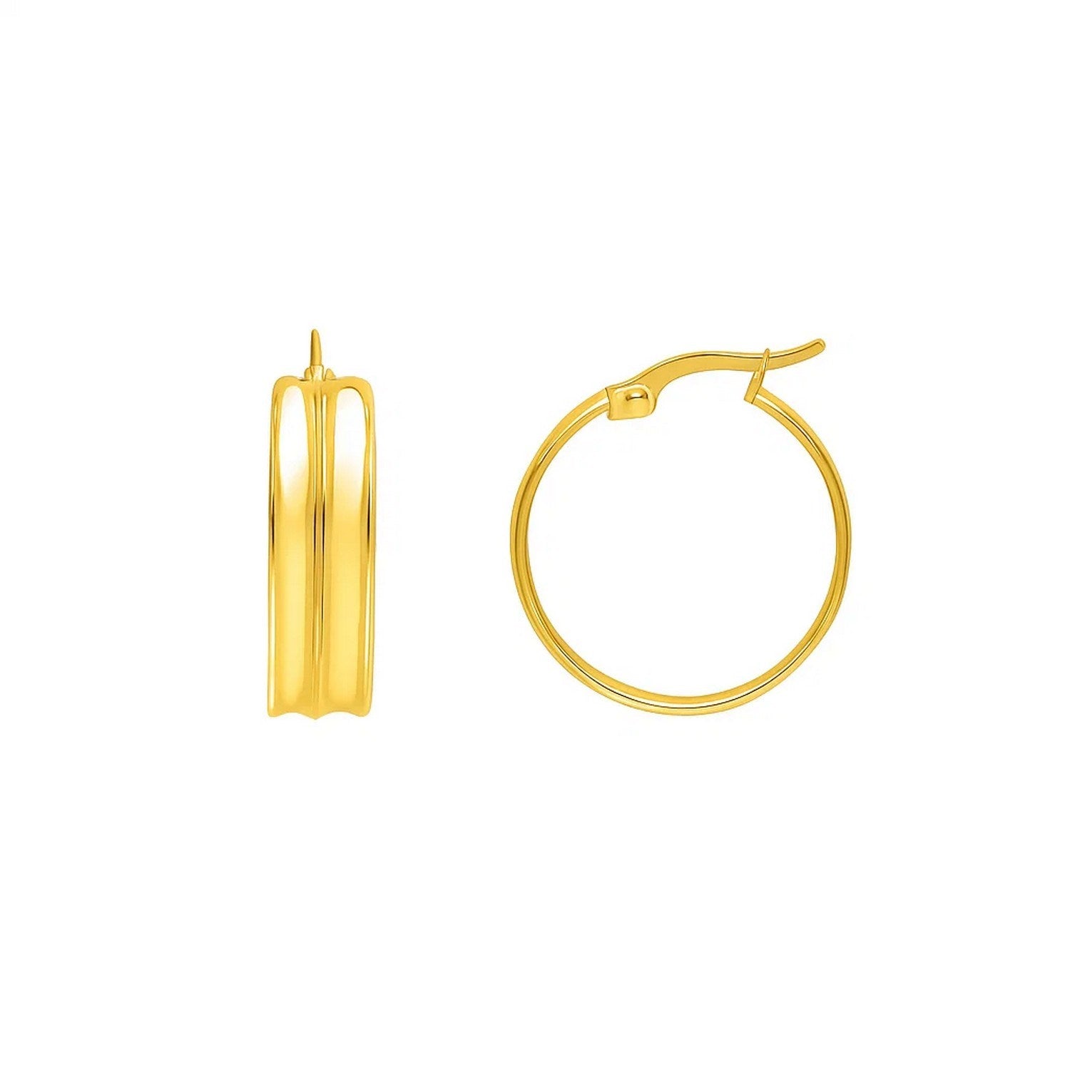 14K yellow gold polished large concave hoop earrings, showcasing a modern design with a luxurious shine.