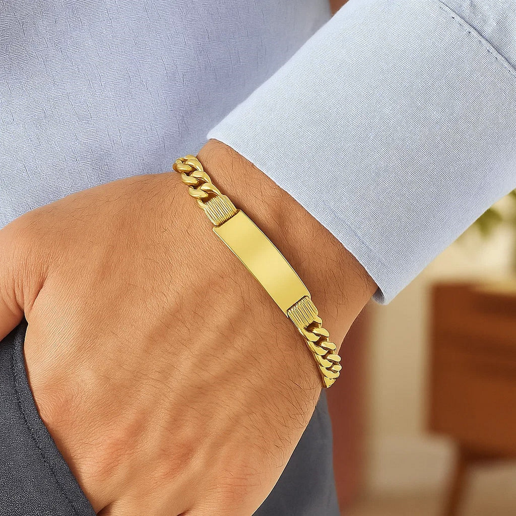 14k yellow gold Lite Cuban ID bracelet featuring modern link design, perfect for elegant everyday wear.
