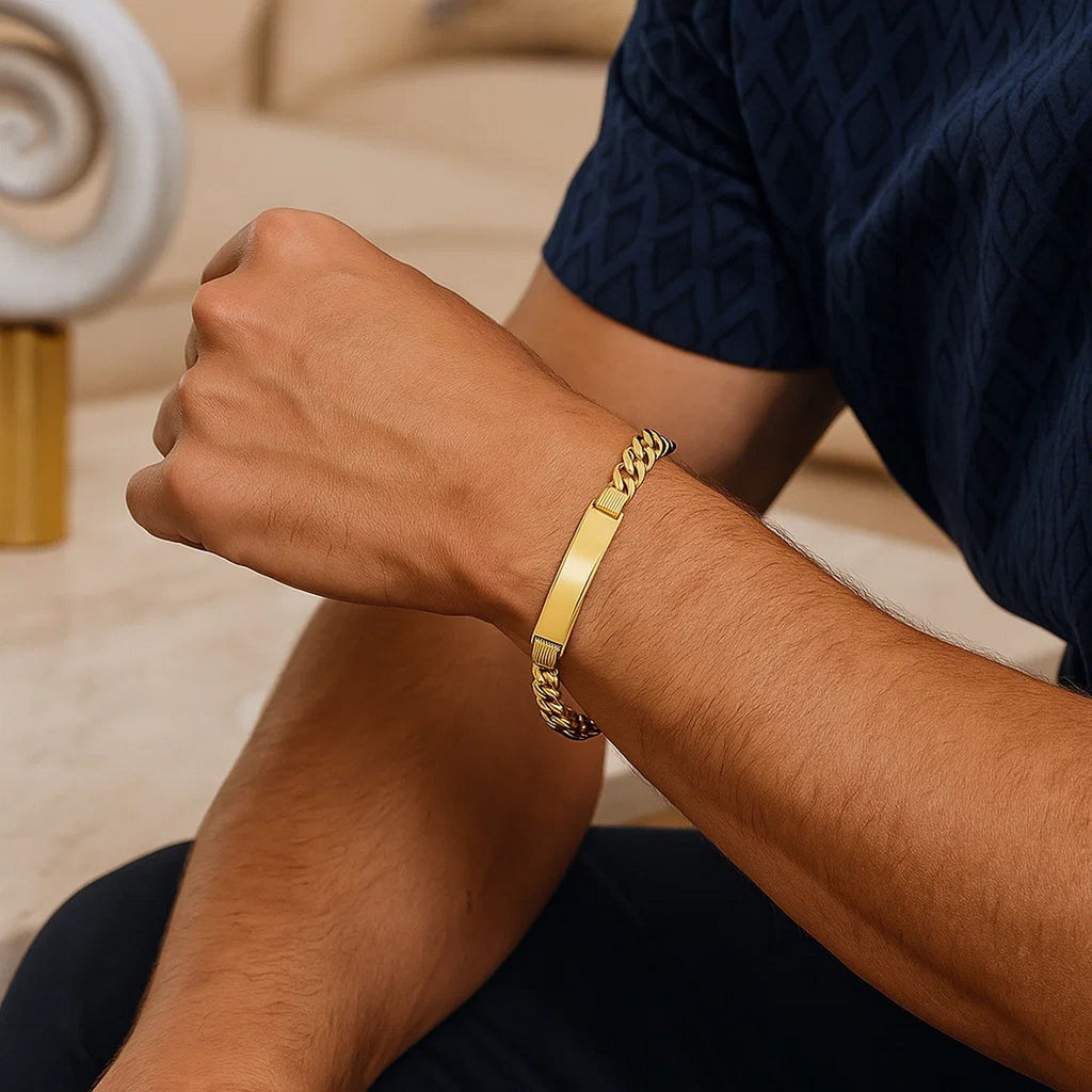 14k yellow gold Lite Cuban ID bracelet featuring modern link design, perfect for luxury accessory lovers.
