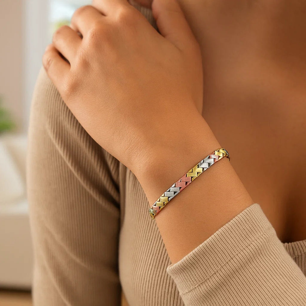 14k tri-color gold weave design bracelet, 6.35 mm, showcasing elegant craftsmanship and luxurious style.